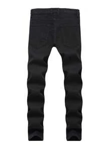 Vaqueros slim rectos rasgados con bordado floral para hombres - Negro - Ver 2
