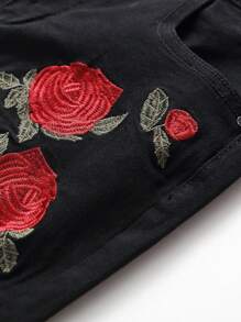 Vaqueros slim rectos rasgados con bordado floral para hombres - Negro - Ver 4