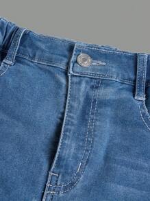 SHEIN Teen Girls Ripped Raw Hem Denim Shorts - Medium Wash - View 3