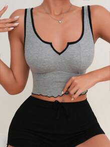 Áo giản dị Nữ Xù nhỏ Tương phản ràng buộc màu trơn - Xám - Xem 1