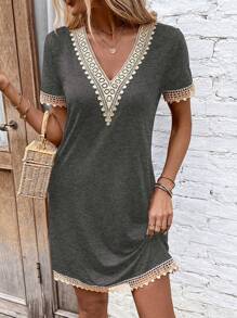 SHEIN LUNE Guipure Lace Panel Tee Dress - Dark Grey - View 1