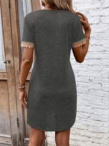 SHEIN LUNE Guipure Lace Panel Tee Dress - Dark Grey - View 2