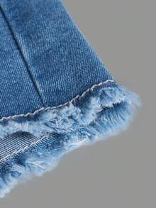 SHEIN Teen Girls Ripped Raw Hem Denim Shorts - Medium Wash - View 4