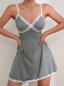 Contrast Lace Trim Cami Nightdress - Light Grey - View 3
