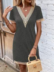 SHEIN LUNE Guipure Lace Panel Tee Dress - Dark Grey - View 4