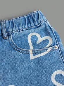 Teen Girls Heart Print Raw Hem Denim Shorts - Medium Wash - View 4