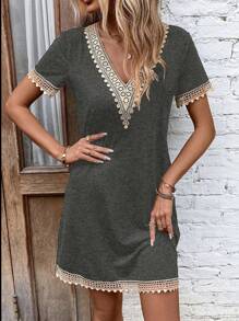 SHEIN LUNE Guipure Lace Panel Tee Dress - Dark Grey - View 5