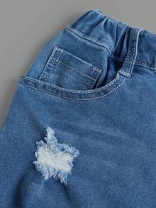 SHEIN Teen Girls Ripped Raw Hem Denim Shorts - Medium Wash - View 5