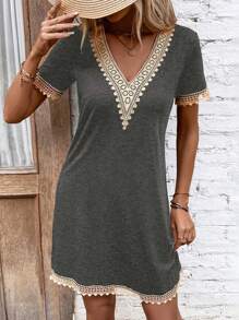 SHEIN LUNE Guipure Lace Panel Tee Dress - Dark Grey - View 6