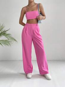 SHEIN EZwear Solid Crop Cami Top & Wide Leg Trousers - Pink - View 1