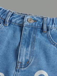 Teen Girls Heart Print Raw Hem Denim Shorts - Medium Wash - View 5
