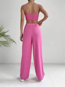 SHEIN EZwear Solid Crop Cami Top & Wide Leg Trousers - Pink - View 2