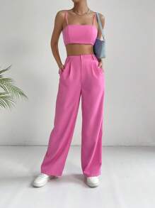 SHEIN EZwear Solid Crop Cami Top & Wide Leg Trousers - Pink - View 4