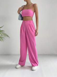 SHEIN EZwear Solid Crop Cami Top & Wide Leg Trousers - Pink - View 5