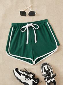 SHEIN EZwear 撞色滾邊腰部抽繩運動短褲 - 墨綠色 - 查看 1