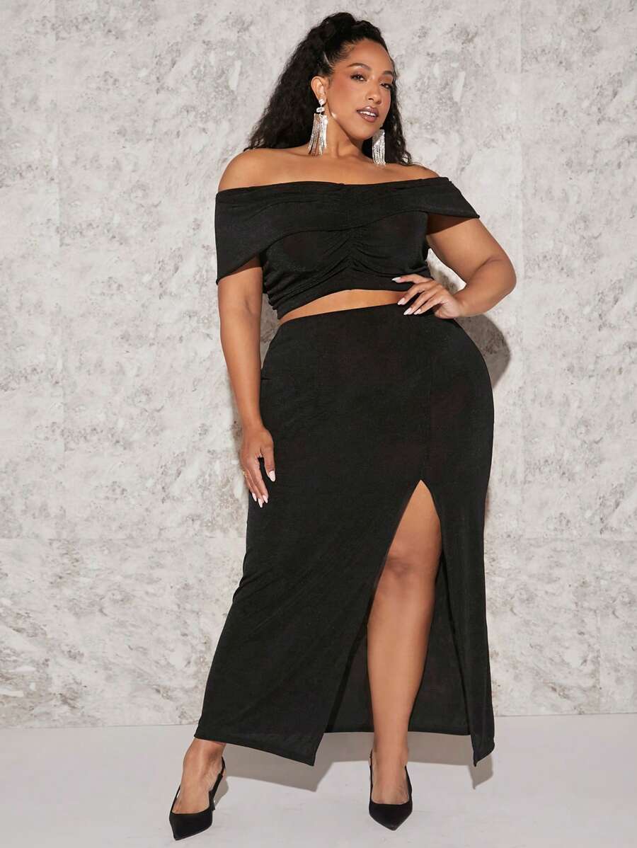 SHEIN CURVE+ Bộ thời trang Plus Size Xù Tách cao màu trơn Gợi cảm - màu đen - Xem 1