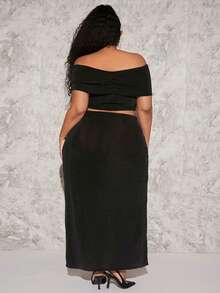 SHEIN CURVE+ Bộ thời trang Plus Size Xù Tách cao màu trơn Gợi cảm - màu đen - Xem 2