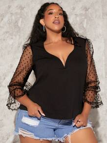 SHEIN CURVE+ Plus Contrast Dobby Mesh Flounce Sleeve Sweetheart Neckline Top - Black - View 1