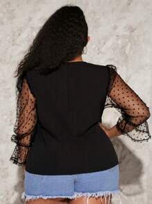 SHEIN CURVE+ Plus Contrast Dobby Mesh Flounce Sleeve Sweetheart Neckline Top - Black - View 2
