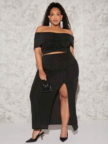 SHEIN CURVE+ Bộ thời trang Plus Size Xù Tách cao màu trơn Gợi cảm - màu đen - Xem 3