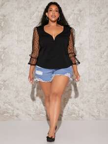 SHEIN CURVE+ Plus Contrast Dobby Mesh Flounce Sleeve Sweetheart Neckline Top - Black - View 3