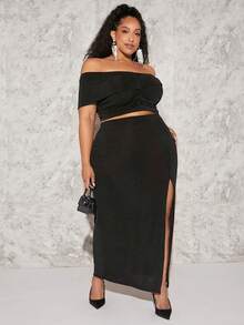 SHEIN CURVE+ Bộ thời trang Plus Size Xù Tách cao màu trơn Gợi cảm - màu đen - Xem 4