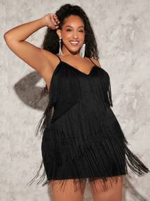 SHEIN CURVE+ Plus Cold Shoulder Fringe Trim Dress - Black - View 1