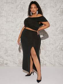 SHEIN CURVE+ Bộ thời trang Plus Size Xù Tách cao màu trơn Gợi cảm - màu đen - Xem 5