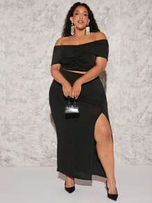 SHEIN CURVE+ Bộ thời trang Plus Size Xù Tách cao màu trơn Gợi cảm - màu đen - Xem 6