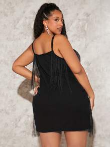 SHEIN CURVE+ Plus Cold Shoulder Fringe Trim Dress - Black - View 2