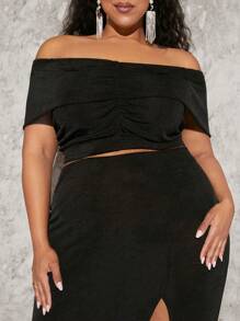 SHEIN CURVE+ Bộ thời trang Plus Size Xù Tách cao màu trơn Gợi cảm - màu đen - Xem 7