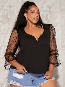 SHEIN CURVE+ Plus Contrast Dobby Mesh Flounce Sleeve Sweetheart Neckline Top - Black - View 6
