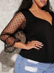 SHEIN CURVE+ Plus Contrast Dobby Mesh Flounce Sleeve Sweetheart Neckline Top - Black - View 7