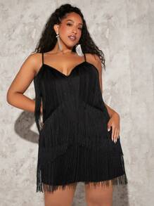 SHEIN CURVE+ Plus Cold Shoulder Fringe Trim Dress - Black - View 5