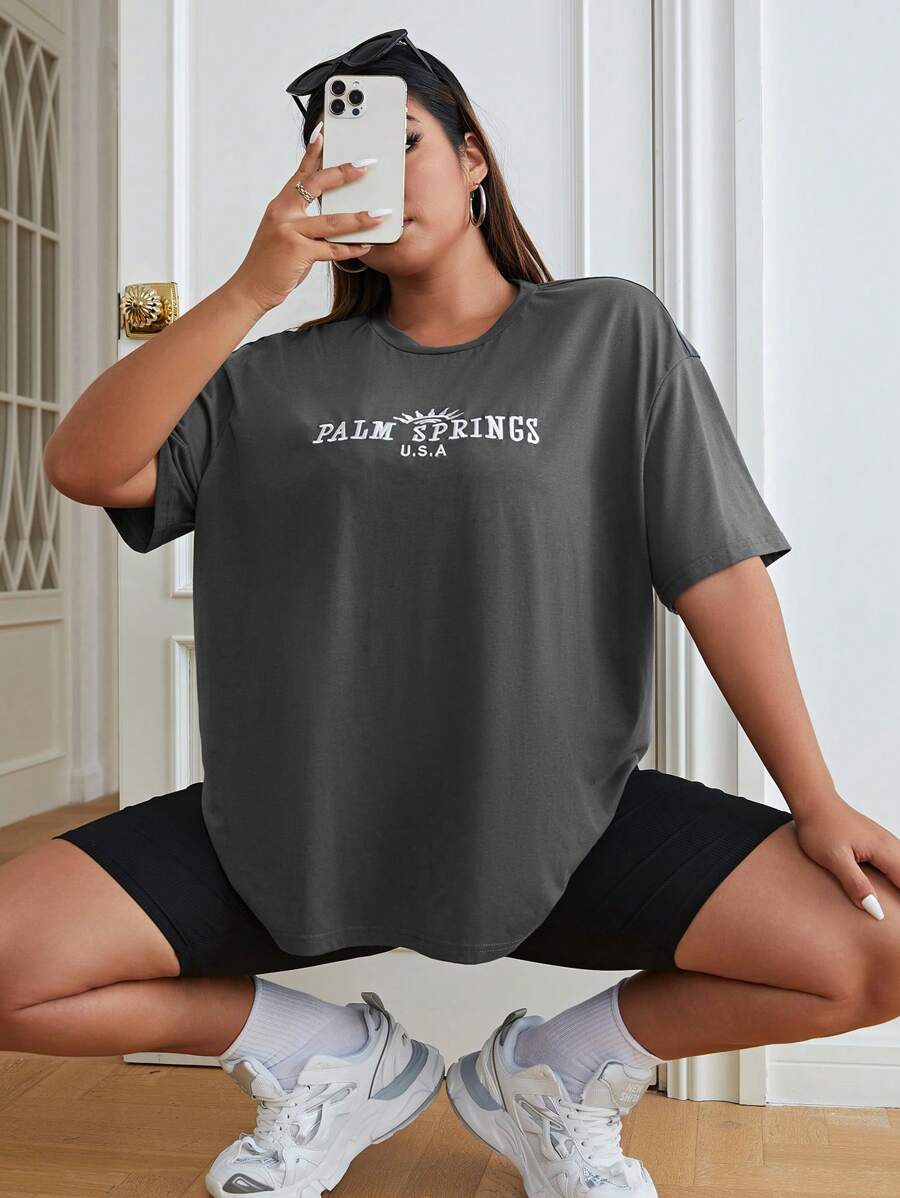 SHEIN EZwear Áo thun Plus size Lá thư Giải trí - Màu xám đen - Xem 1