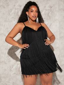 SHEIN CURVE+ Plus Cold Shoulder Fringe Trim Dress - Black - View 6