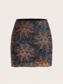 SHEIN EZwear 太陽印花木耳邊包臀半身裙 - 彩色 - 查看 1