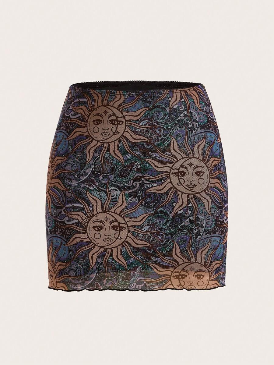 SHEIN EZwear 太陽印花木耳邊包臀半身裙 - 彩色 - 查看 1