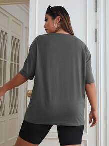 SHEIN EZwear Áo thun Plus size Lá thư Giải trí - Màu xám đen - Xem 2
