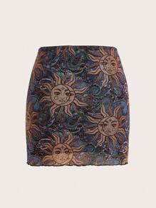 SHEIN EZwear 太陽印花木耳邊包臀半身裙 - 彩色 - 查看 2