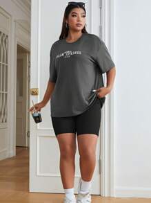 SHEIN EZwear Áo thun Plus size Lá thư Giải trí - Màu xám đen - Xem 4