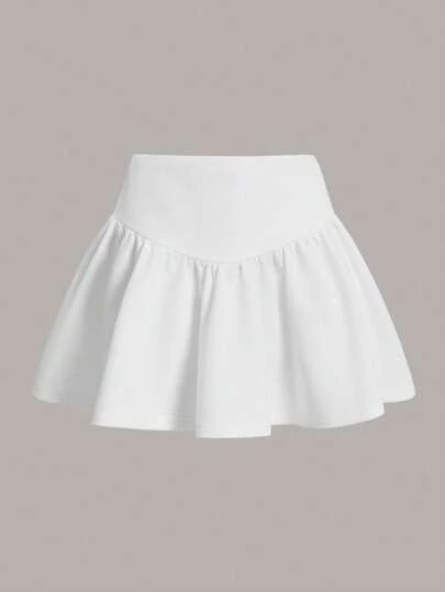 SHEIN EZwear Falda Mini Blanca Con Dobladillo Acampanado Y Cintura Ancha, Ideal Para Salir En Verano