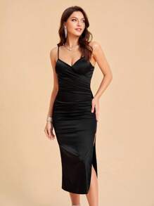 SHEIN Belle 褶邊高衩吊帶連衣裙 - 黑色 - 查看 1