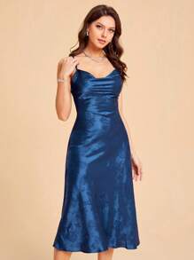 SHEIN Belle 提花露背交叉緞面吊帶洋裝 - 藏蓝色 - 查看 1