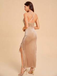 SHEIN Belle 素色抽繩褶邊絲絨連衣裙 - 香檳色 - 查看 2