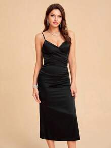 SHEIN Belle 褶邊高衩吊帶連衣裙 - 黑色 - 查看 5