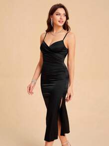 SHEIN Belle 褶邊高衩吊帶連衣裙 - 黑色 - 查看 7