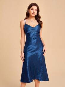 SHEIN Belle 提花露背交叉緞面吊帶洋裝 - 藏蓝色 - 查看 6