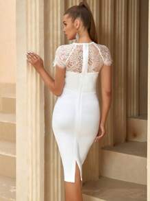 ADYCE Vestido ceñido al cuerpo con dobladillo con abertura y canesú de encaje - Blanco - Ver 2