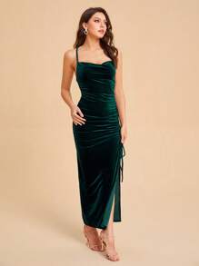 SHEIN Belle Solid Drawstring Ruched Velvet Dress